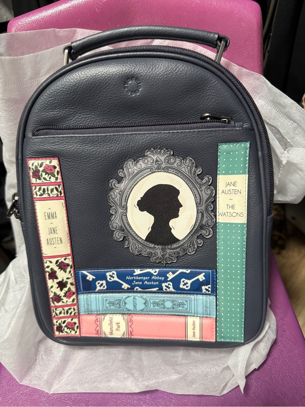 Jane Austen Book-Print Leather Navy Mini Backpack Purse Yoshi